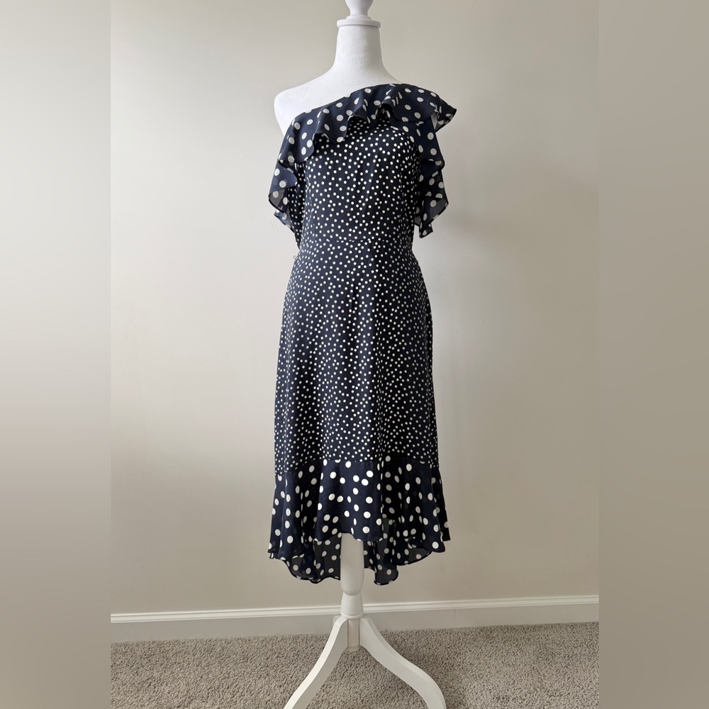 SOLD NWT Navy Polka Dot Ruffle Midi Dress